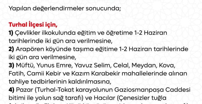 Tokat İl Afet ve Acil Durum Koordinasyon Kurulu’nun aldığı yeni kararlar