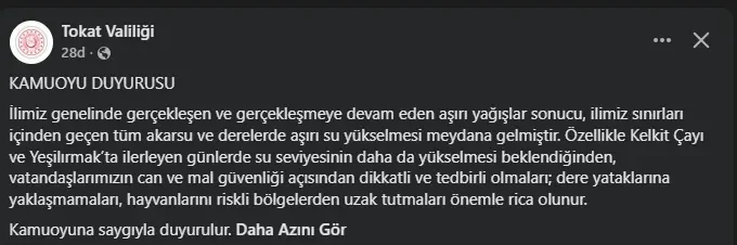 Tokat Valiliğinden Kelkit ve Yeşilırmak İçin Kritik Uyarı