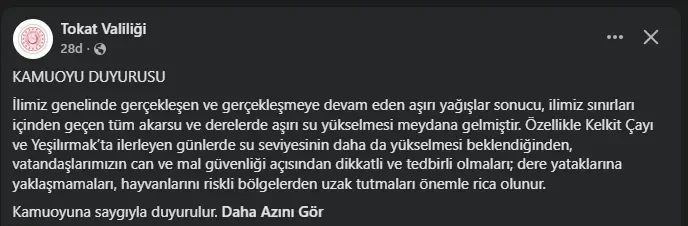 Tokat Valiliğinden Kelkit ve Yeşilırmak İçin Kritik Uyarı